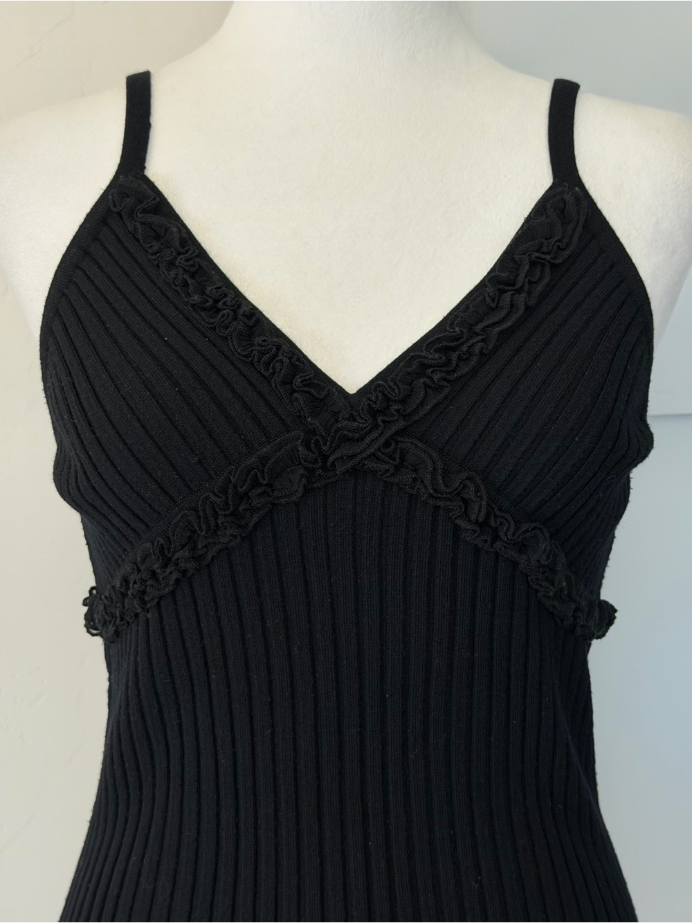 Y2K Black Ribbed Knit Tank with Ruffle Trim Whimsigoth Minimalist EUC